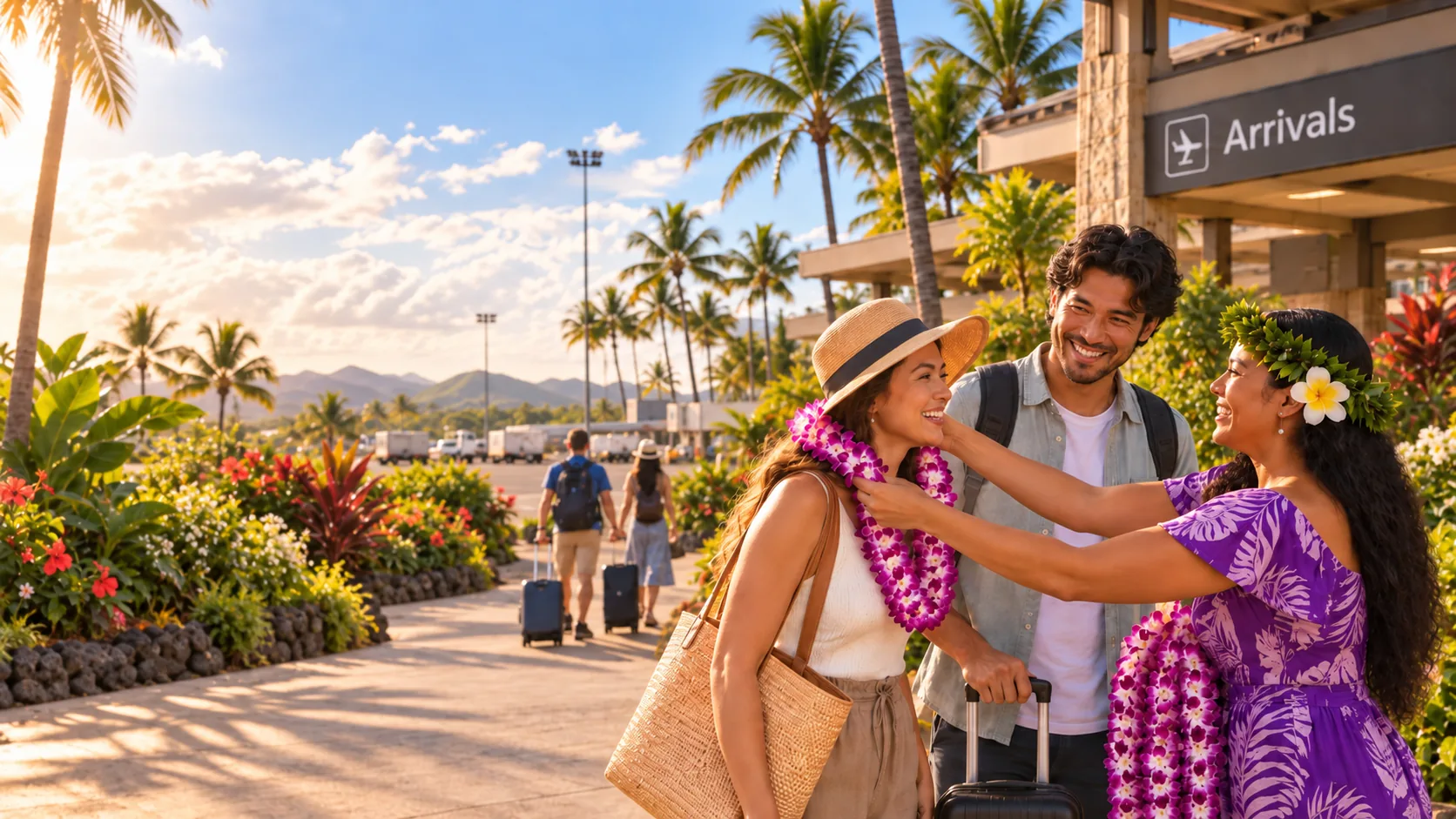 Visitors are welcomed with leis at an airport.