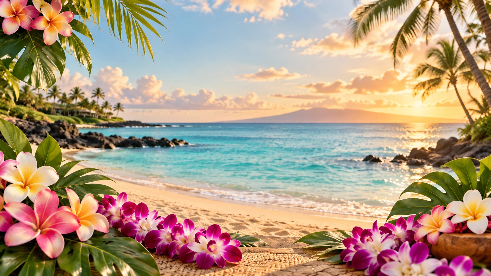 Flowers and leis beside a sunlit Hawaiian beach.